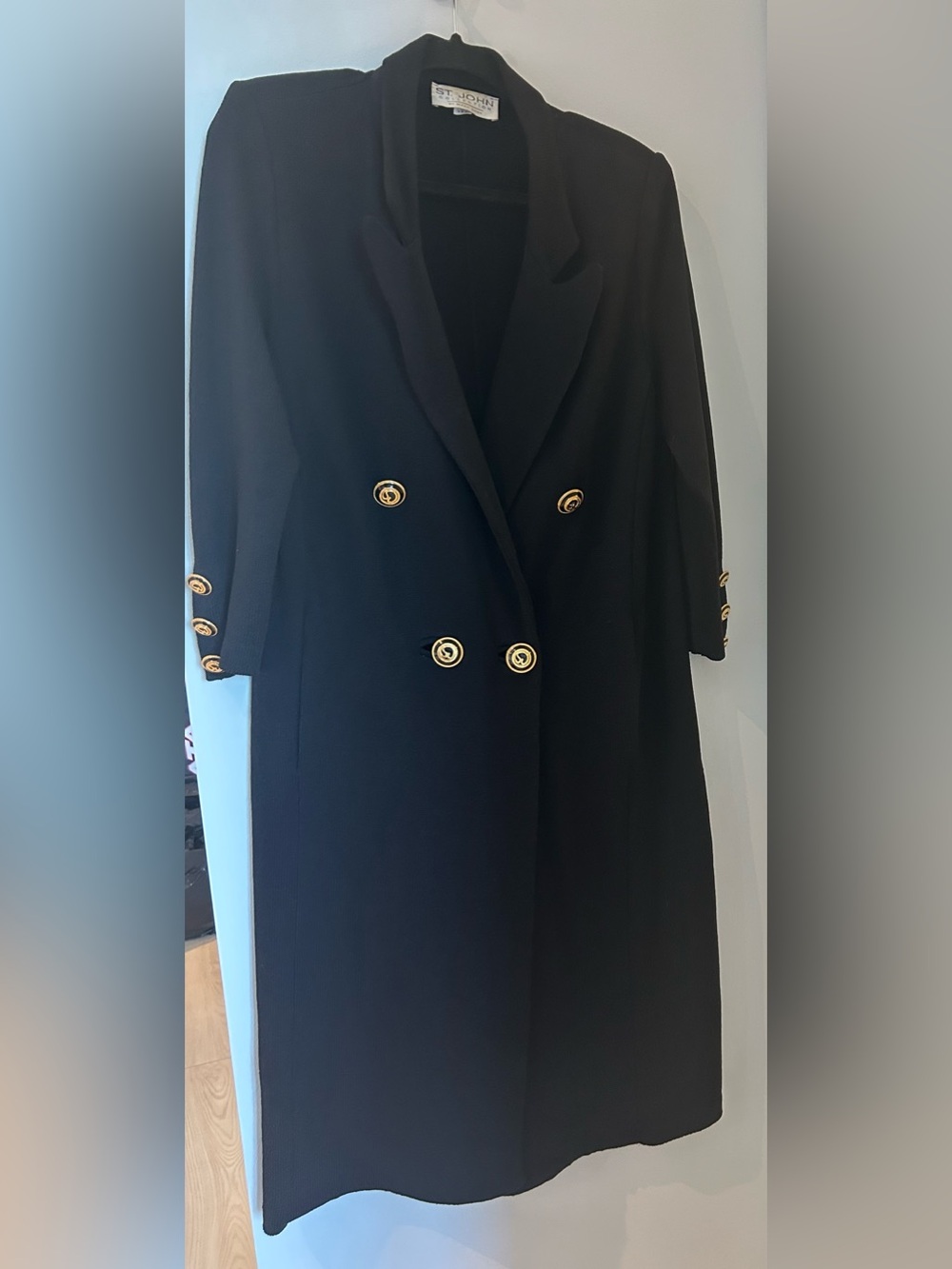 Vintage St. John Black Double-Breasted Pea Coat with Gold Buttons
